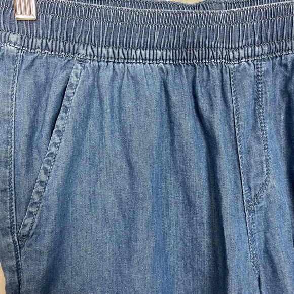 Korean Wide Leg Pants Chambray Cropped Women Cotton Blue Elastic Waist Casual - Picture 9 of 9